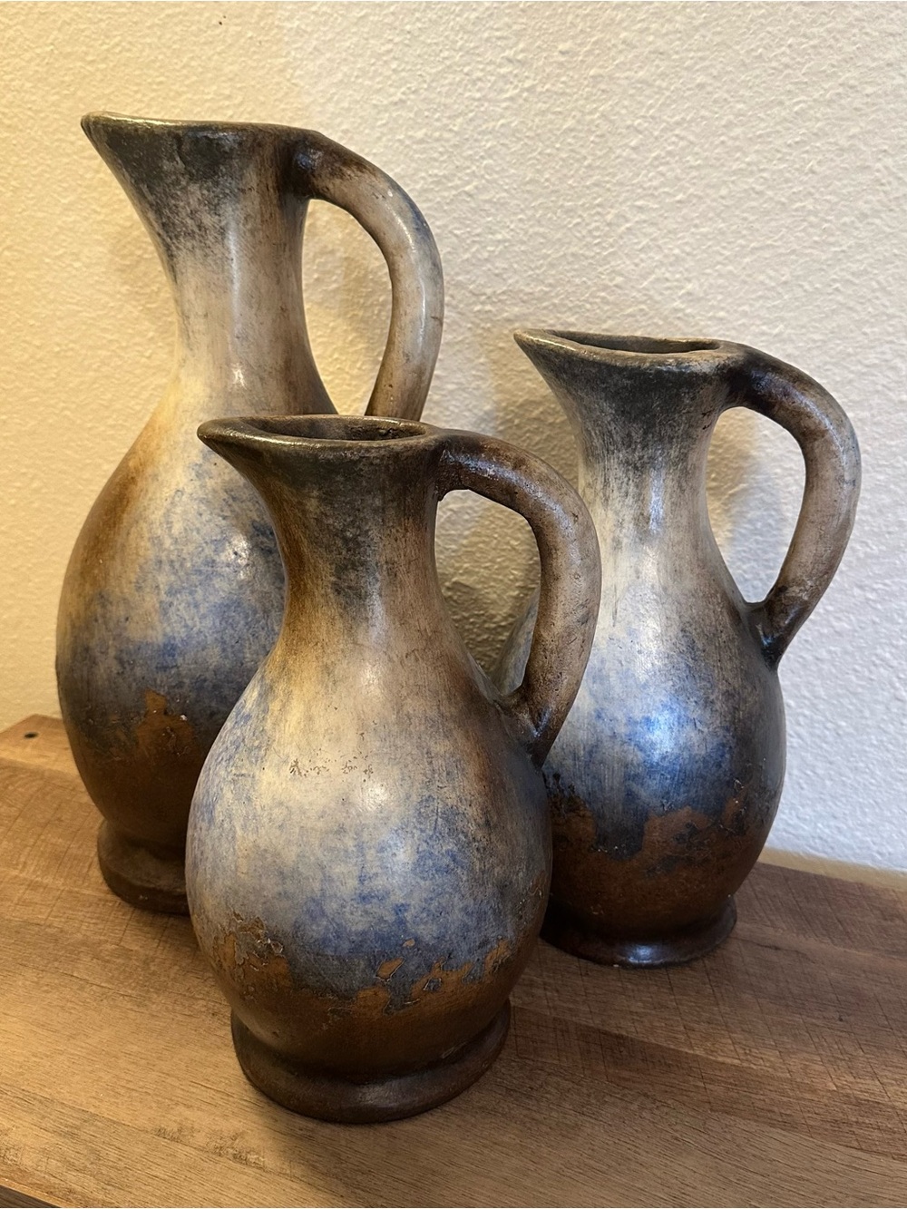 Rustic Blue-Brown Ceramic Pitcher Vase  Han Made Mexico - Home Art -  3 Set